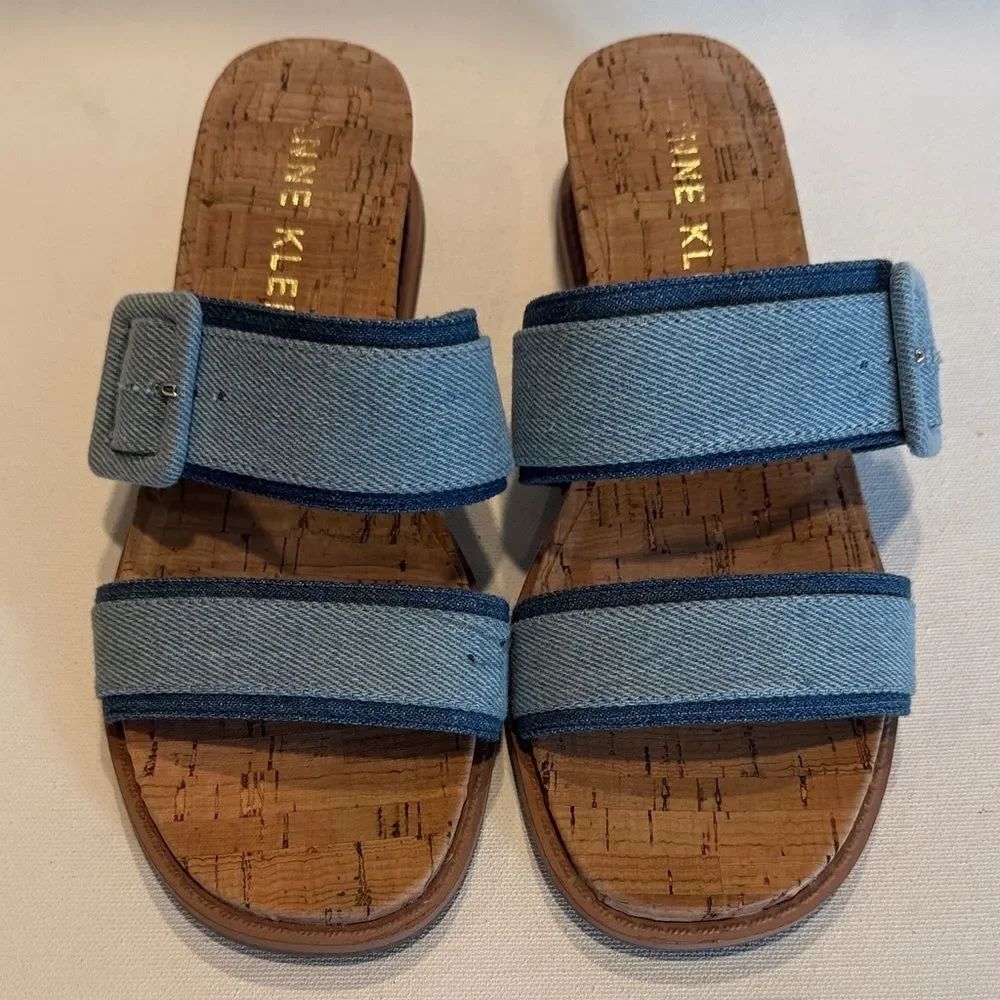 Nine West Light Blue Denim Double-Strap Slide Sandals